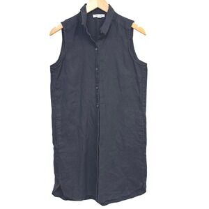 Pure Navy Womens Dress Small Black 100% Linen Sleeveless Button Front Sheath